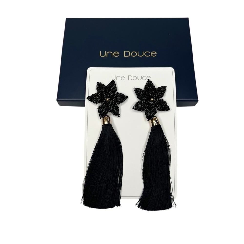 New Black Flower Seed Beaded Tassel Dangle Statement Earrings